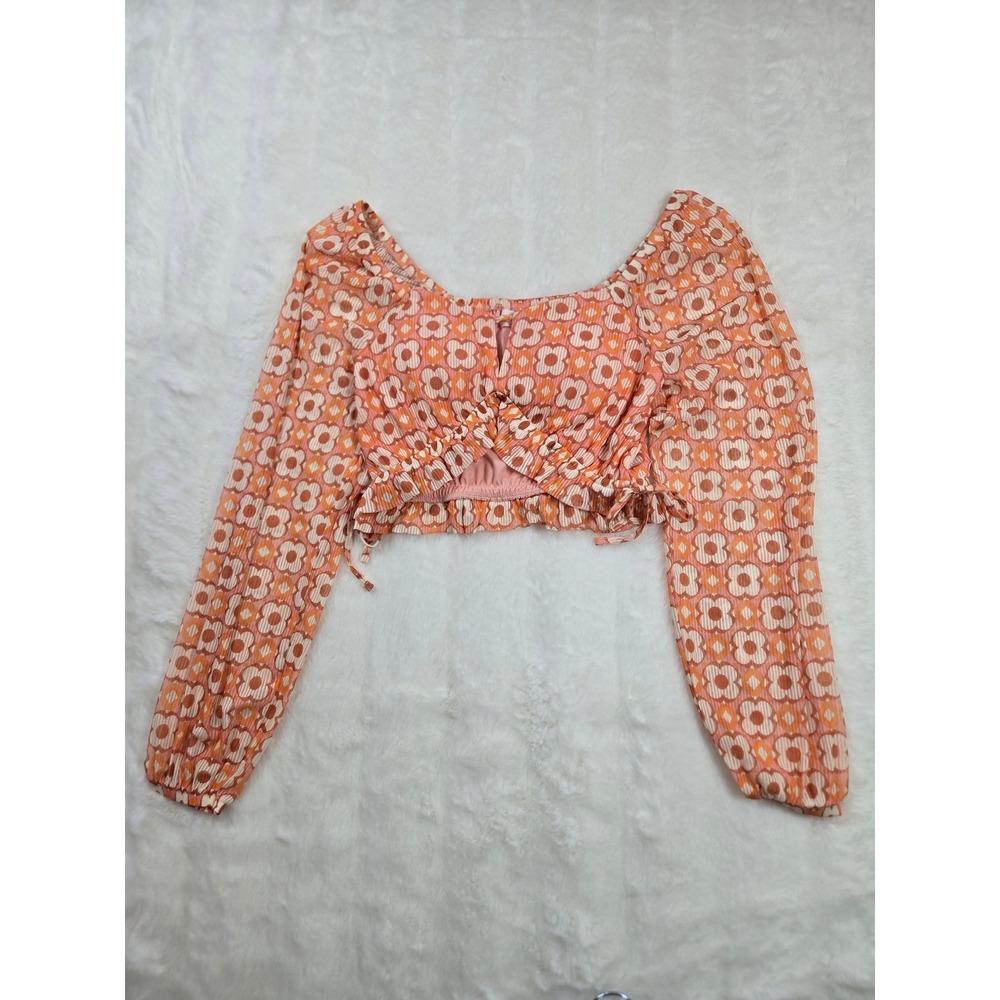 Womens Small Orange Retro Hippie 70s Floral Long Sleeve Smocked Crop Top